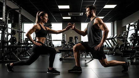 Young Couple Doing Exercise With Dumbbells In Fitness Center Gymの素材