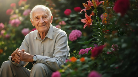 Portrait of happy senior man sitting in garden and looking at cameraの素材