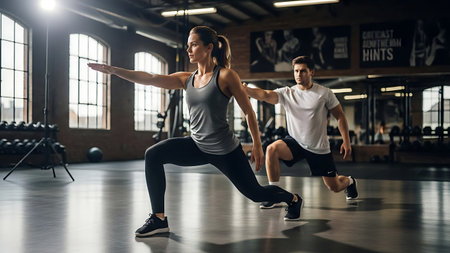Young man and woman in sportswear doing lunges in gymの素材