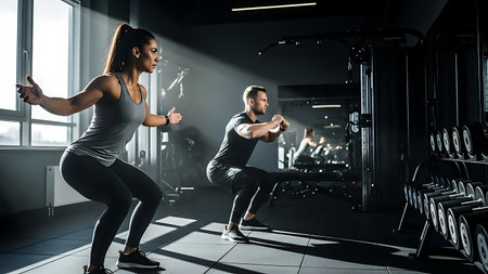 Side view of young woman and man in sportswear exercising in gymの素材