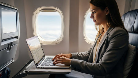Businesswoman working on laptop in airplane. Business travel and vacation conceptの素材