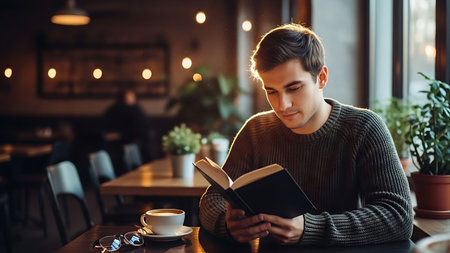Young man reading a book and drinking coffee in a cozy cafe.の素材