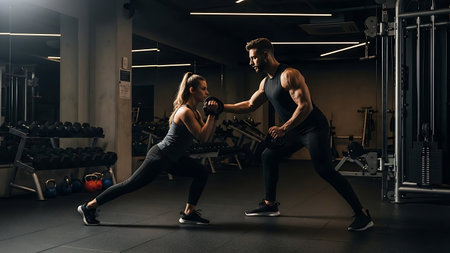 Side view of sporty man and woman exercising with dumbbells in gymの素材