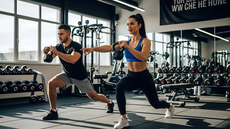 Young Couple Doing Exercise With Dumbbells In Modern Fitness Centerの素材