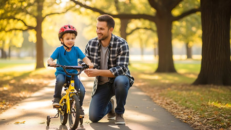 Father teaching his son to ride a bicycle in the park. The boy is riding a bike.の素材