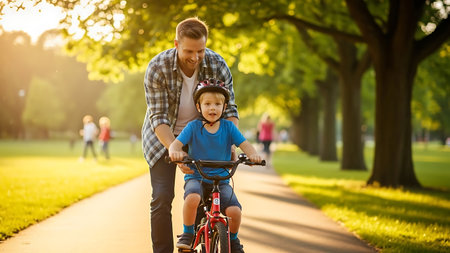 Young father teaching his son to ride a bicycle in the park.の素材