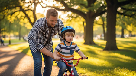 Father teaching his son to ride a bike in the park. Happy family.の素材
