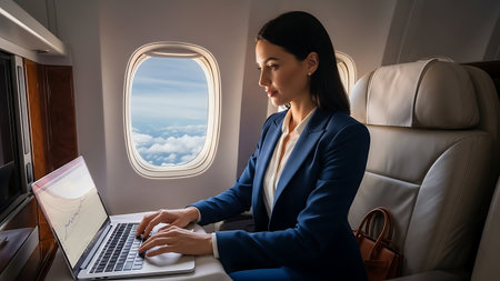 Businesswoman working on laptop while sitting in airplane. Business travel conceptの素材