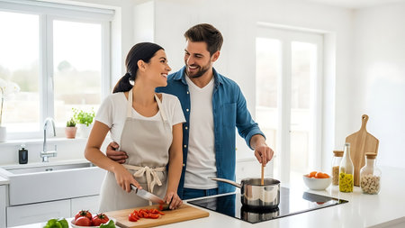 Couple cooking together in the kitchen at home. Healthy food, love and family concept.の素材