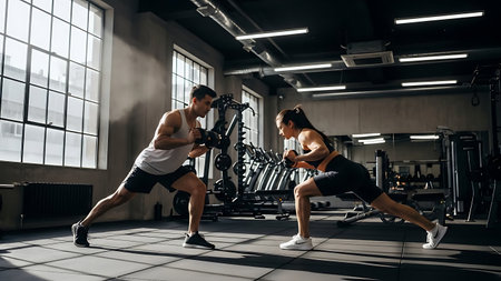 Young couple doing push-ups in the gym. Sport and fitness concept.の素材