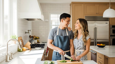 Happy young couple cooking together in the kitchen at home. Lifestyle and people concept.の素材