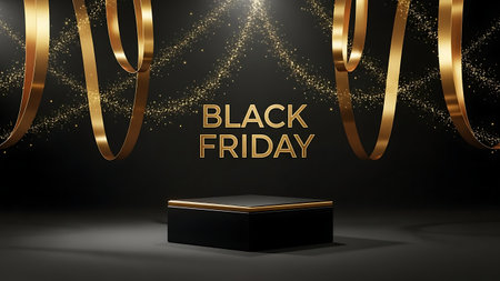 Black Friday sale banner. Realistic black podium with golden serpentine. Vector illustrationの素材