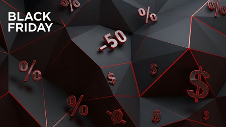 Black Friday Sale Poster on Black Polygonal Geometric Background. 3D Renderingの素材