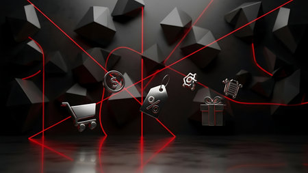 Digital composite of 3D shopping icons with red arrow over black backgroundの素材