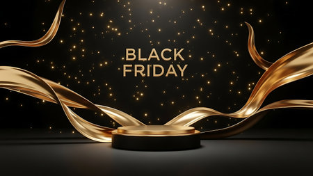 Black Friday sale banner with gold ribbon and black background. Vector illustrationの素材