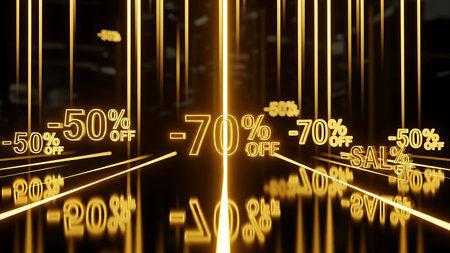 3D rendering of a 70 percent discount with a gold background.の素材