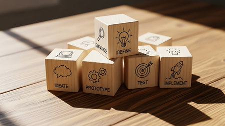 Wooden cubes with business strategy icons on wooden table. 3D renderingの素材