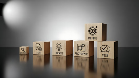 Wooden blocks with symbol of business idea concept on a dark backgroundの素材