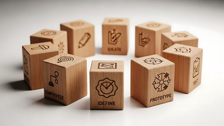 Wooden cubes with the symbol of dices on a white backgroundの素材