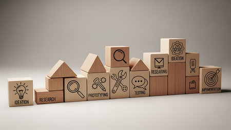 Wooden blocks with business icons on grey background, 3D renderingの素材