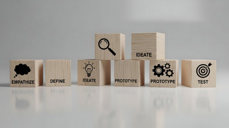 Wooden blocks with business icon on white background. 3D rendering.の素材