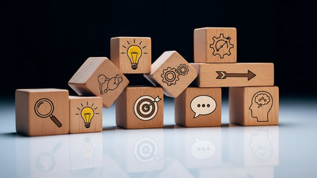 Wooden cubes with icons on a dark background. The concept of business, education and technology.の素材