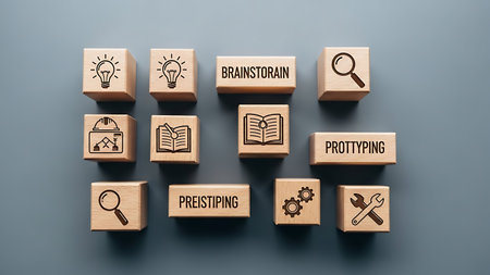 Education concept on wooden cubes with icons on grey background, 3D renderingの素材