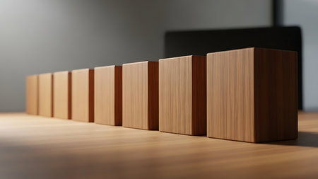 Wooden blocks in a row on a wooden table. 3d renderingの素材