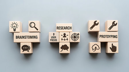 Wooden blocks with business and finance related icons on grey background.の素材