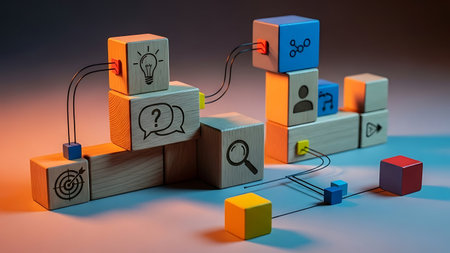 Conceptual image of brainstorming with wooden blocks and light bulbの素材