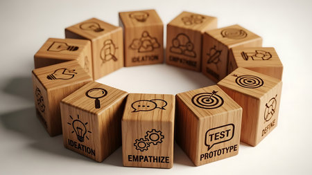 Conceptual 3D illustration of business and finance. Wooden cubes with icons.の素材