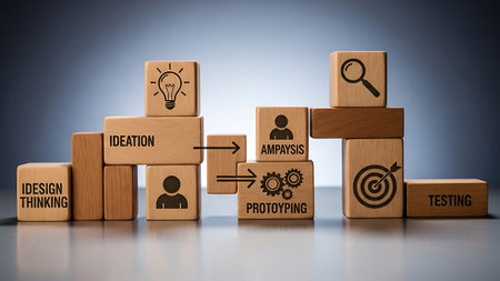 Wooden blocks with symbol of business strategy concept on gray background.の素材