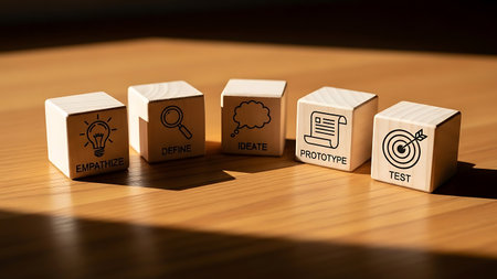 Conceptual image with business icons on wooden cubes. 3d renderingの素材