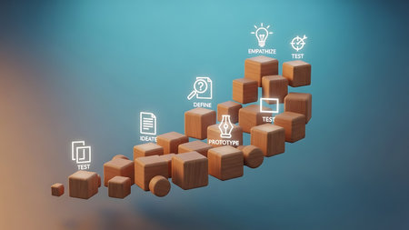 Wooden cubes with business icons on blue background. 3D renderingの素材