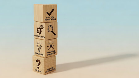Conceptual image of business, technology, internet and networking icons on wooden cubes.の素材