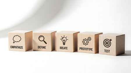 Conceptual image of business icons on wooden cubes with arrows pointing to targetの素材