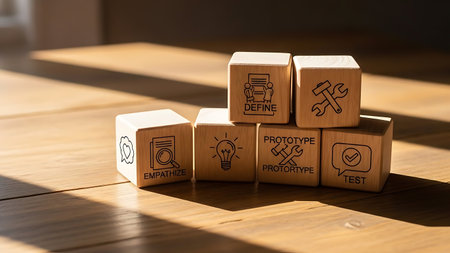 Wooden cubes with business related icons on wooden table in the officeの素材