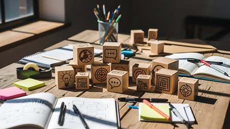 creative idea concept on wooden cubes with doodle icons.の素材