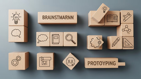 Set of wooden cubes with education icons on the grey background. Vector illustrationの素材