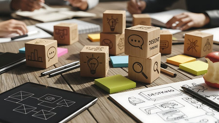 Wooden cubes with business icons on table in office, closeupの素材