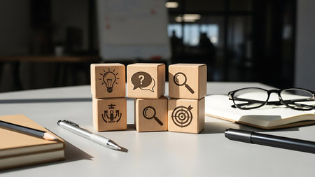 Wooden cubes with business related icons on office desk. 3D rendering.の素材