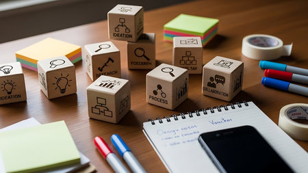 Business and education concept, cube with icons on wooden desk, stock photoの素材