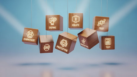 Wooden cubes with icons against blue background with vignette 3dの素材
