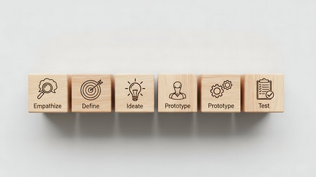 3d rendering of wooden cubes with business icons on white background.の素材