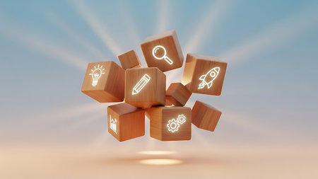Wooden cubes with icons against blue background with vignette 3dの素材