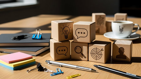 Wooden cubes with business icons on office desk. 3D illustration.の素材