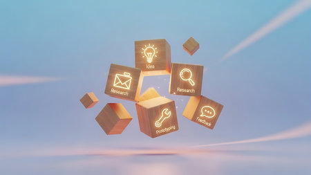 Digital composite of 3D cubes with icons against blue background with flareの素材