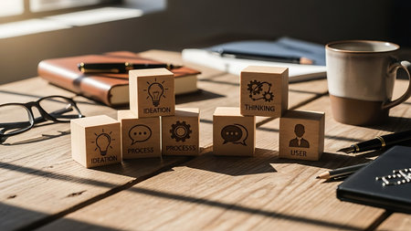 Business concept on wooden cubes with related icons and office objects on tableの素材