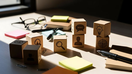 Wooden blocks with icons on the office desk. Business and education concept.の素材