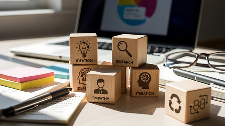 Business and technology concept. Wooden cubes with icons on the office deskの素材